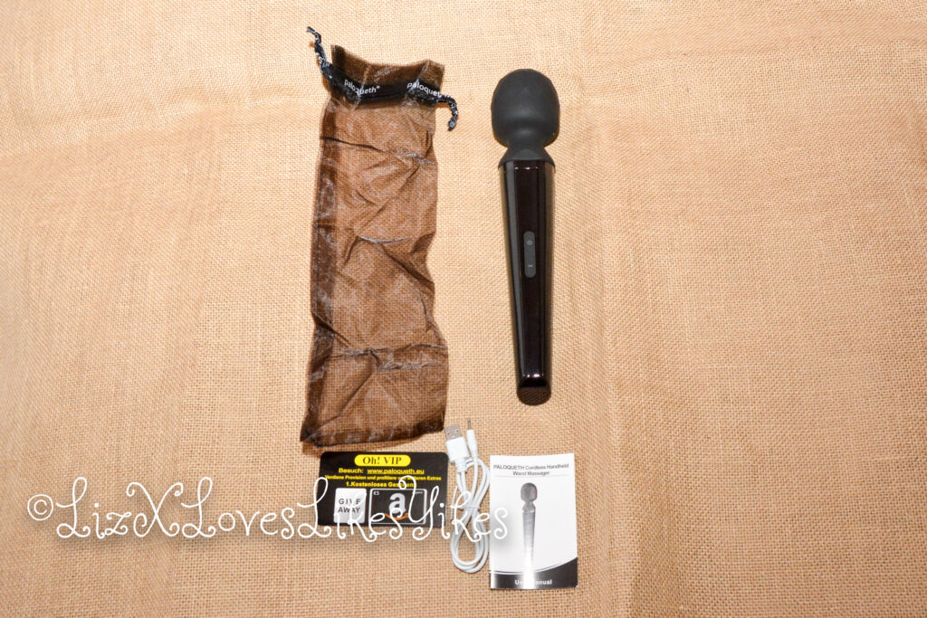 Paloqueth Cordless Handheld Wand Massager The full set of vibrator, pouch, manual, card and charging USB cable Copyright LizXLikes 2019